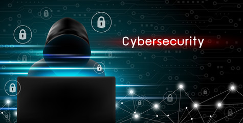 Wall Mural - Cybersecurity concept of Hacker using computer with key icon and technology background design