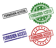 FORBIDDEN ACCESS Seal Prints With Damaged Texture. Black, Green,red,blue Vector Rubber Prints Of FORBIDDEN ACCESS Label With Corroded Texture. Rubber Seals With Round, Rectangle, Medal Shapes.