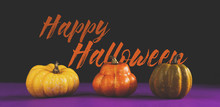 Happy Halloween Graphic Banner With Mini Pumpkins And Orange Text For The Holiday