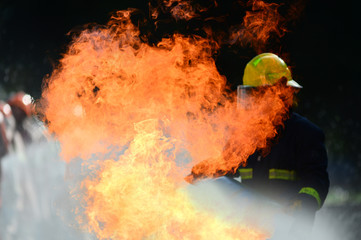 Poster - firefighters training with fire hose