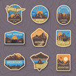 Set of nine mountain travel emblems. Camping outdoor adventure emblems, badges and logo patches. Mountain tourism, hiking. Forest camp labels in vintage style
