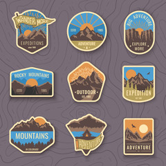 Wall Mural - Set of nine mountain travel emblems. Camping outdoor adventure emblems, badges and logo patches. Mountain tourism, hiking. Forest camp labels in vintage style