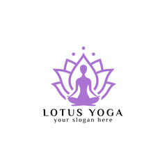 Sticker - yoga logo design stock. human meditation in lotus flower vector illustration in purple color