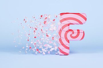 Leinwandbilder - Broken shattered alphabet letter F uppercase. Crushed christmas font made of pink and red striped lollipop. 3D render.
