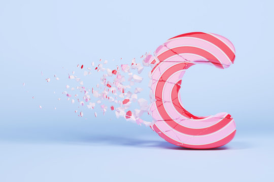 Broken shattered alphabet letter C uppercase. Crushed christmas font made of pink and red striped lollipop. 3D render.