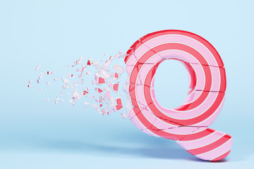 Leinwandbilder - Broken shattered alphabet letter Q uppercase. Crushed christmas font made of pink and red striped lollipop. 3D render.