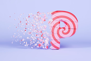 Aufkleber - Broken shattered alphabet letter P uppercase. Crushed christmas font made of pink and red striped lollipop. 3D render.