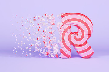 Aufkleber - Broken shattered alphabet letter R uppercase. Crushed christmas font made of pink and red striped lollipop. 3D render.