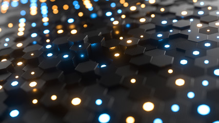 Poster - Abstract hexagonal geometric background. Structure of lots of hexagons of carbon fiber with small glowing hexagons above. Dark and luminous geometric elements. 3d rendering