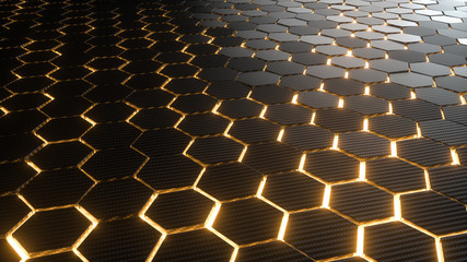 Poster - Abstract hexagonal geometric background. Structure of lots of hexagons of carbon fiber with bright energy light breaking through the cracks. 3d rendering	