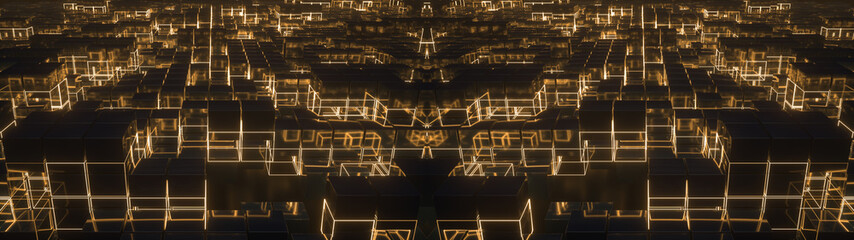 Poster - lots of shining metal cubes with glowing grid lines.abstract background with digital technology conn