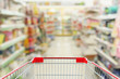 © Kwangmoozaa - convenience store shelves interior blur background with empty supermarket shopping cart