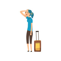 Sticker - Girl tired of carrying a heavy suitcase, people traveling on vacation concept cartoon vector Illustration on a white background