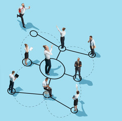 Conceptual image of business processes with businessman and businesswoman. Flat isometric view. Business, recruitment, human resources, communication, internet, teamwork and network concept. Miniature