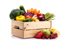 Pine Box Full Of Colorful Fresh Vegetables And Fruits On A White Background