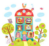 Cute illustration with animals in the house