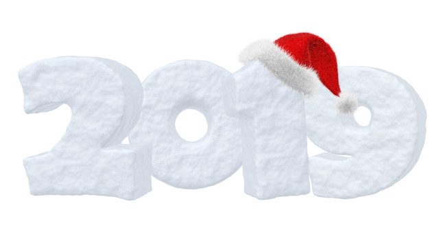 2019 New Year snow text with Santa Claus red hat
