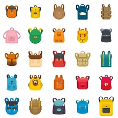 Poster - backpack school travel sport kid camping bag icons set. flat illustration of 25 backpack school trav
