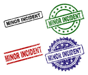 Wall Mural - MINOR INCIDENT seal prints with corroded style. Black, green,red,blue vector rubber prints of MINOR INCIDENT title with unclean style. Rubber seals with circle, rectangle, medal shapes.