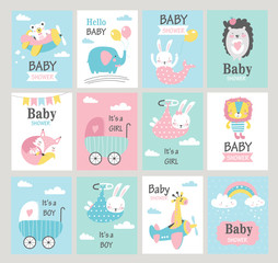 Wall Mural - Set of baby shower cards with cute animals. Vector illustrations