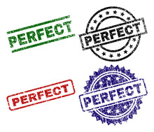 PERFECT Seal Prints With Damaged Surface. Black, Green,red,blue Vector Rubber Prints Of PERFECT Tag With Unclean Surface. Rubber Seals With Circle, Rectangle, Medal Shapes.