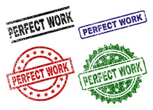 PERFECT WORK Seal Prints With Damaged Texture. Black, Green,red,blue Vector Rubber Prints Of PERFECT WORK Text With Unclean Texture. Rubber Seals With Round, Rectangle, Rosette Shapes.