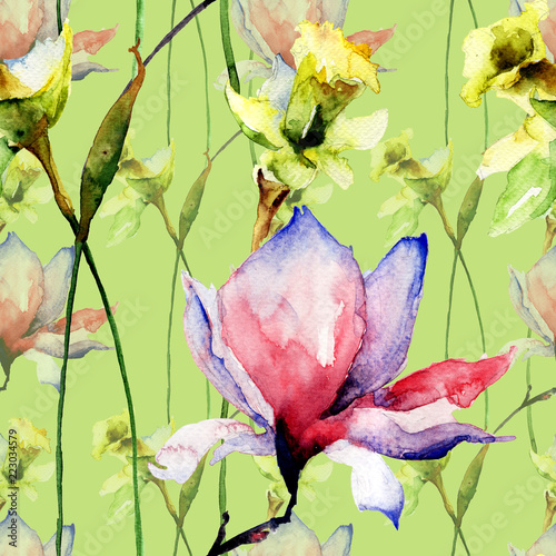 Seamless pattern with Beautiful Magnolia and Narcissus flowers