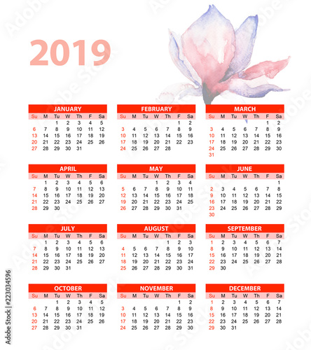 Template for calendar 2019 with beautiful Magnolia flowers,