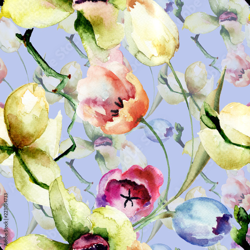 Seamless pattern with Orchid and Tulips flowers