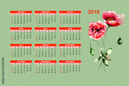 Template for calendar 2019 with Stylized Poppy flowers