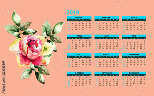 Red Peony flower with template for calendar 2019