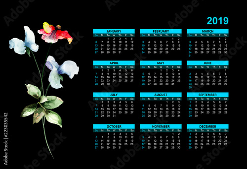 Template for calendar 2019 with stylized flowers