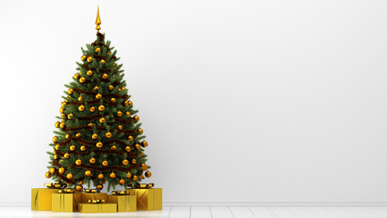 decorated christmas tree with gift boxes in white room