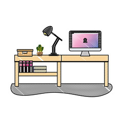 Sticker - grated office desk with computer and lamp with books