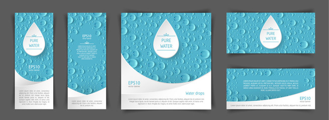 a set of flyers with realistic drops in the blue background. design elements for postcard, banner, p