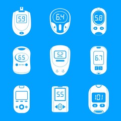 Poster - Glucose meter sugar blood test device icons set. Simple illustration of 9 glucose meter sugar blood test device vector icons for web