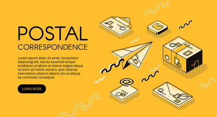 Poster - Mail and correspondence concept vector illustration. Post office with letter envelopes, postage stamps or e-mail logistics technology in isometric black thin line design on yellow halftone background