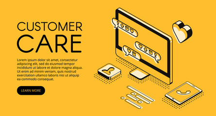 Fototapete - Customer care and online service vector illustration. Call center assistant or business company manager help chat in computer and smartphone in isometric black thin line on yellow halftone design