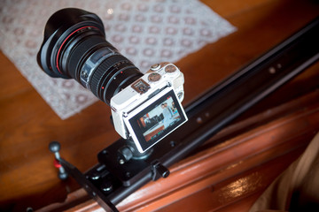 Sticker - camera show viewfinder image catch motion in interview or broadcast wedding ceremony, catch feeling, stopped motion in best memorial day concept.Video Cinema From dslr camera.video cinema production .