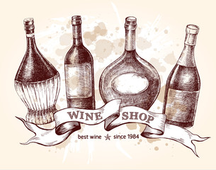 Wall Mural - Set of hand drawn different types of wine bottles with vintage ribbon. Ink hand drawn Vector illustration. design element for a wine shop.