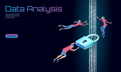 Wall Mural - Secure data analysis processing business concept. Personal information safety isometric cartoon padlock binary code flow. People man work problem solving. Web banner background vector illustration