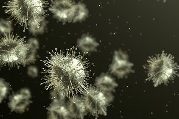 Wall Mural - Virus cells flowing on dark background. Science and medicine 3D illustration