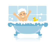 Cheerful Child Sitting In Bathroom With Foam And Yellow Duck