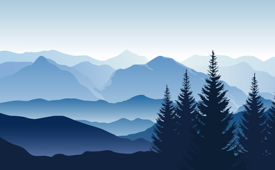 Wall Mural - vector blue landscape with silhouettes of misty mountains and hills and trees