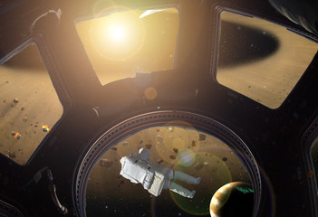 Wall Mural - astronaut spacewalk in outer space against the shining star and planet (image elements were taken fr