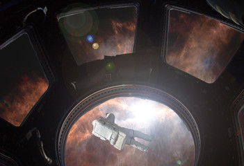 Wall Mural - astronaut spacewalk in outer space against the shining star and planet (image elements were taken fr
