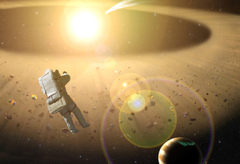 Wall Mural - astronaut spacewalk in outer space against the shining star and planet (image elements were taken fr
