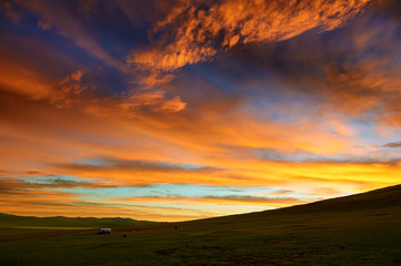 Wall Mural - The rosy clouds of dawn on the summer grassland.