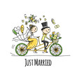 Wedding card design. Bride and groom riding on bicycle