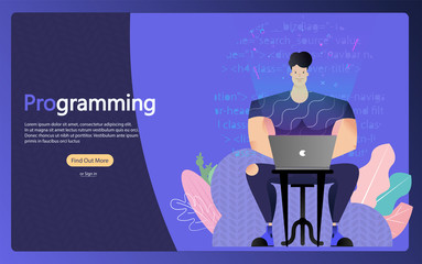 Poster - Programmer at work, concept banner. Business analysis, design, strategy. Vector illustration. Funny cartoon character of a person in Bodybuilder, big programmer. Can use for web banner, infographics.